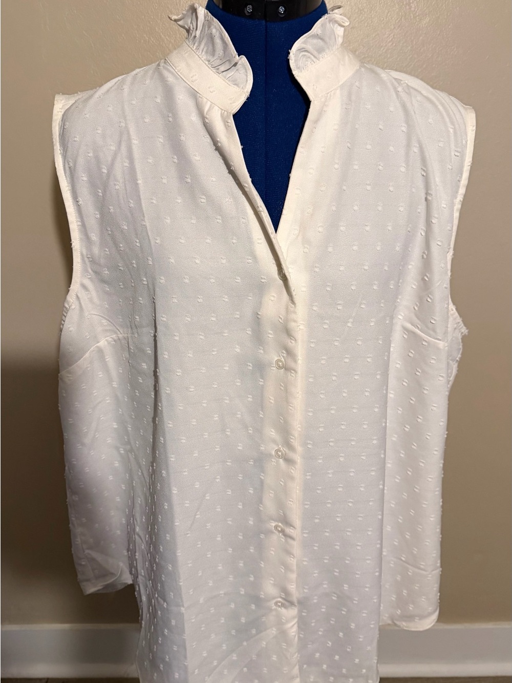 Ann Taylor Factory White Sleeveless Swiss Dot Ruffle Collar Button-Down Top